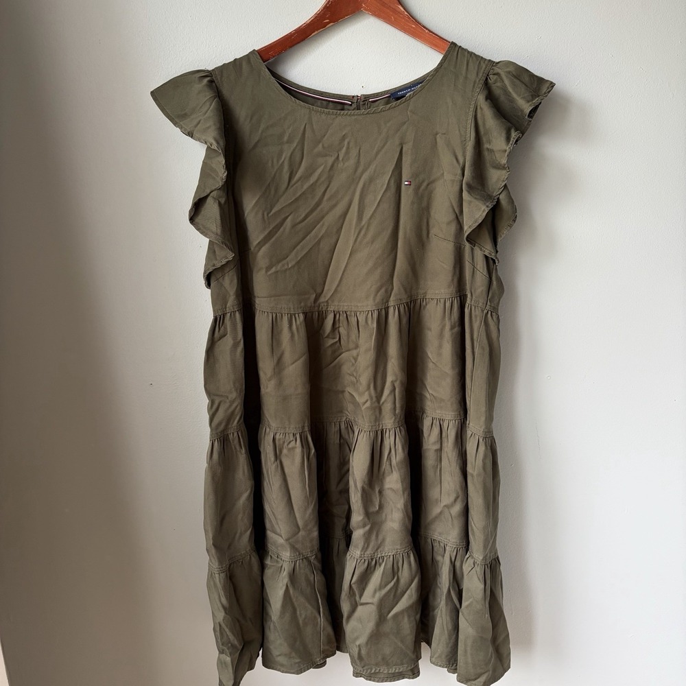 Tommy Hilfiger Olive Green Tiered Ruffled Short Sleeve Dress Logo Womens Size 12